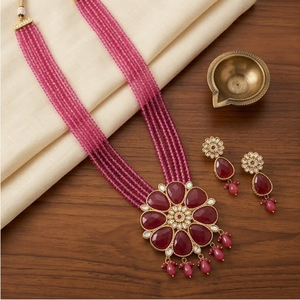 DIVYORO BOLD <b>RUBY</b> FLORAL STATEMENT <b>NECKLACE</b> WITH MULTI-STRAND BEADS - Product Image 3