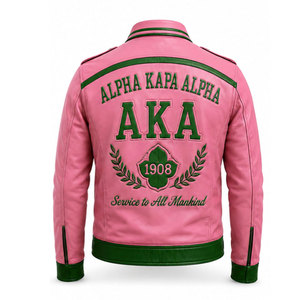เสื้อแจ็คเก็ตหนังสีเขียวชมพูปักลาย Alpha Kapa Alpha AKA สไตล์นักขี่มอเตอร์ไซค์สำหรับผู้ชาย แบบซิป คอตั้ง - Product Image 6