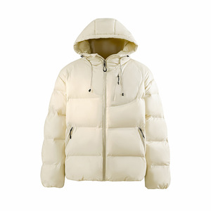 <b>Men's</b> <b>Cream</b> Hooded Puffer <b>Jacket</b> Down Filled Zipper Closure Windproof Casual Winter Solid Color Polyester Regular Fit - Product Image 1