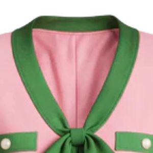 Robe en tricot AKA Ponte pour femme, rose avec bordure verte, boutonnée sur le devant, élégante, tenue grecque de sororité, formelle, décontractée, stylée - Product Image 2