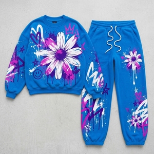Ensemble de survêtement pour femmes, bleu, motif floral graffiti, sweat-shirt oversize, pantalon large, streetwear, mode décontractée, tenue en deux pièces - Product Image 5