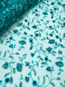 Luxury Cutdana Embroidery <b>Net</b> <b>Fabric</b> Royal Blue Sequin Beaded Tulle Mesh <b>Fabric</b> Exporter from India for Fashion Dresses - Product Image 1