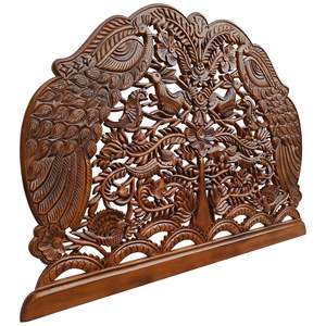 Cabecero de Cama Queen de Madera Tallada Artesanal con Diseño de Pavo Real, en Madera de Ingeniería Marrón Quemado, Panel Decorativo para el Hogar - Product Image 2