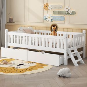Letto a piattaforma bianco a una piazza e mezza con sponda di sicurezza e 2 cassetti per bambini, per camerette (ETA 2.17) - Product Image 1