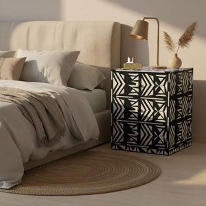 Mesita de Noche de Lujo con Incrustaciones de Hueso y Múltiples Cajones, Mueble de Dormitorio de Madera Hecho a Mano para Espacios de Vida Premium - Product Image 1