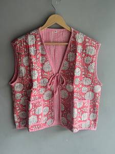 Gilet matelassé en coton à motif floral pour femme, col en V, sans manches, à nouer, veste d'été XL, imprimé rose et blanc, CADEAU POUR ELLE - Product Image 1