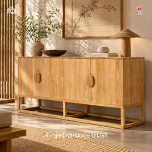 Aparador Japonés Japandi de Madera de Teca Maciza, Mueble de Almacenamiento Minimalista de Madera para Sala de Estar o Comedor - Product Image 1