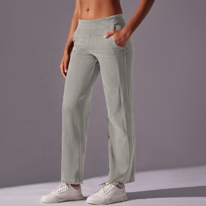 Pantalon de yoga pour femme, taille haute, côtelé, évasé, longueur cheville, avec poches, taille élastique, couleur unie, polyester/coton, respirant - Product Image 3