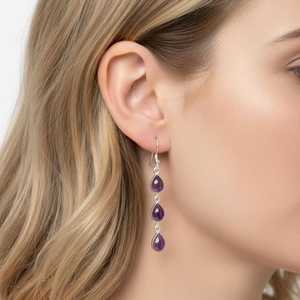 Amethyst 925 Sterling Silver 3 Stone Drop <b>Earrings</b> Peace Design Wedding Trendy Wholesale Gemstone Jewelry Export India - Product Image 1