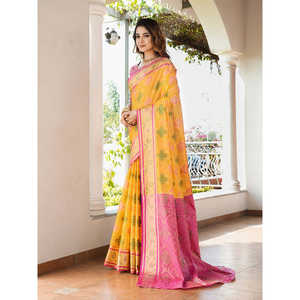 Sari en organza jaune tissé avec des fils de zari, robes de soirée élégantes - Product Image 3