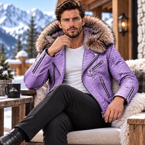 Men's Genuine Python Leather <b>Motorcycle</b> <b>Jacket</b> Fox Fur Hood | Herren Biker Lederjacke | Chaqueta de Cuero Python Hombre - Product Image 4