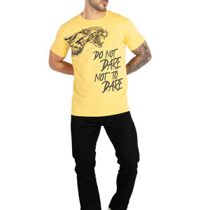 <b>Men's</b> Yellow Short Sleeve O-Neck T-Shirt Regular Fit <b>Animal</b> Print Casual Jersey Fabric Screen Printing Front Logo - Product Image 1
