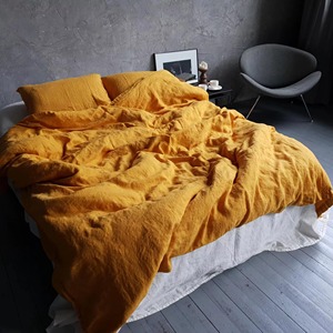 Ensemble de housse de couette en lin jaune uni, tissu 100% naturel, lavable en machine, style simple, usage domestique - Product Image 1