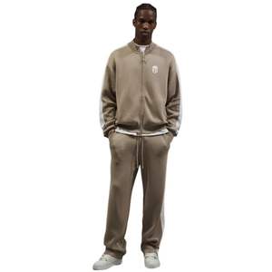 Beige Side Stripe Knitted Track Jacket Zip Up Athletic Streetwear Ribbed Cuffs Soft <b>Knit</b> Casual Menswear Premium Comfort Fit - Product Image 6