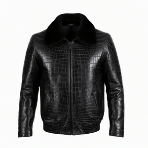 <b>Men's</b> Embossed PU Leather <b>Bomber</b> <b>Jacket</b> With Faux Fur Collar Zipper Closure Moto Biker Style Winter Coat - Product Image 2