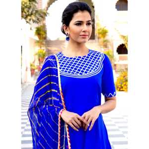 Ensemble kurta et jupe courte en tissu mousseline de soie Mukta taille XS, couleur bleu chaud - Product Image 2