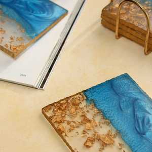 Posavasos Cuadrados Modernos de Resina con Arte en Resina Azul y Diseño de Hoja de Oro, Hechos a Mano, 350 mm de Diámetro, Antideslizantes, para Decoración de Mesa - Product Image 3