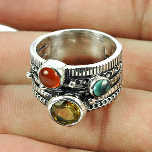 Round Shape Bezel Set Carnelian Citrine Turquoise Gemstone 925 Sterling <b>Silver</b> <b>Stack</b> <b>Rings</b> Handmade <b>Ring</b> Fine Wholesale Jewelry - Product Image 3