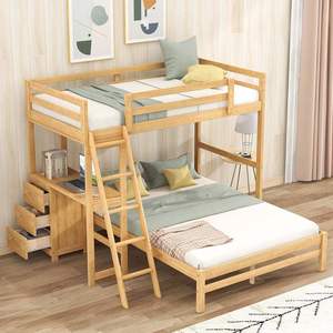Cama litera doble de madera de pino maciza tradicional con 3 cajones de almacenamiento, escritorio integrado, barandilla y escalera, duradera, para niños y niñas - Product Image 2