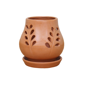 Terracotta Flower <b>Pot</b> with Leaf Cutouts Vintage Wabi-Sabi Customized Rustic Style Indoor Plant Planter Desktop Use - Product Image 1