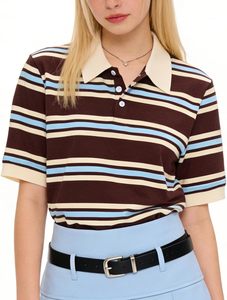 Camisa Polo Oxford a Rayas Personalizada para Mujer, Manga Corta, Casual, Largo Regular, Azul Marino, Blanco, Patrón Tejido - Product Image 2