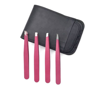 Ensemble de 4 pinces à épiler pour sourcils, en acier inoxydable rose, pinces de précision à pointe inclinée et plate, avec étui en cuir, outils de beauté - Product Image 1