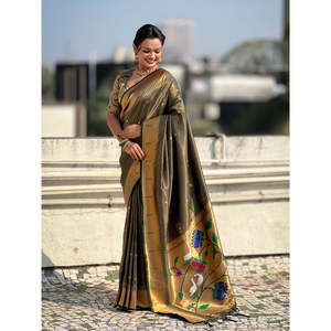 Sari tissé Elite Weaves en tissu vert bouteille Paithan Zari 650g, vêtements indiens et pakistanais - Product Image 6