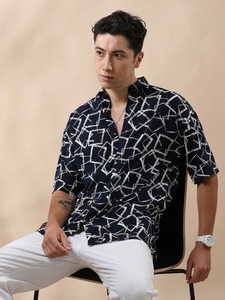 Men's Geometric Print Short Sleeve Casual <b>Shirt</b> Turn-Down Collar Poplin Fabric Summer Style - Product Image 2