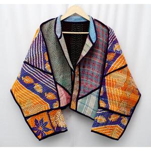 <b>ART</b>&<b>ART</b> Indian Handmade Vintage Kantha Jacket-Designer Boho Hippie Mandarin Collar Hand Quilted Patchwork 100% Cotton - Product Image 6