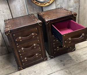 Vintage Brown Leather Trunk Drawer Cabinet Antique <b>Storage</b> <b>Chest</b> Brass Studded Bedside Table Home Furniture Set - Product Image 2