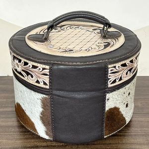 New Luxury Western Hand <b>Tooled</b> <b>Leather</b> Round Makeup Case Genuine Cowhide <b>Leather</b> Jewelry & Cosmetic Travel Storage Organizer - Product Image 5