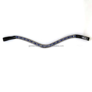 Logo personnalisé fait à la main cristaux bleus et blancs méga bling forme de vague bande de front de cheval en cuir véritable en plein cob - Product Image 2