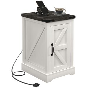 Tavolino Laterale Stile Fattoria Bianco Invecchiato con Armadietto e Stazione di Ricarica USB, Tavolino per Soggiorno, Tavoli Console - Product Image 1