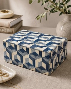 Modern Geometric Blue White <b>Wooden</b> Jewelry <b>Box</b> <b>With</b> <b>Lid</b> Rectangular <b>Storage</b> Container For Home Decor - Product Image 1
