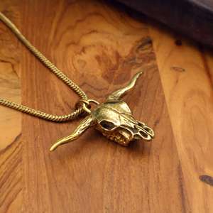 Rustic Longhorn <b>Bull</b> <b>Skull</b> Pendant Necklace, Western Cowboy Biker Jewelry ,Antique Gold Steer Head Necklace , Unisex Statement - Product Image 3