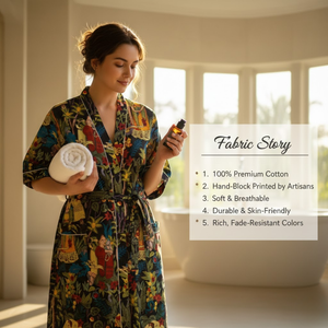 Robe kimono en coton faite à la main, col en V, manches longues, vêtements de nuit pour femmes, robe maxi d'été pour la plage, passepoil contrasté, 2 poches sur le devant - Product Image 3