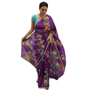 Nieuwe Feestkleding Chinon Zijde Effen Licht Gewogen Sari Van Indiase Exporteur Voor Dames Dragen