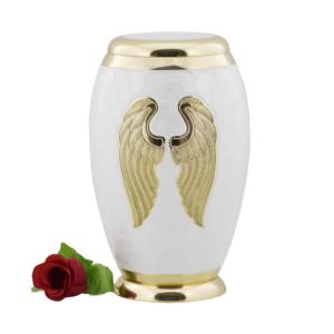 Urna Funeraria de Metal Blanca de Lujo al por Mayor, Recipiente Conmemorativo con Alas de Ángel Doradas y Diseño Artístico de Plumas Esmaltadas - Product Image 3