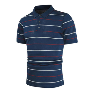 Polo de Punto a Rayas de Manga Corta para Hombre, Calidad Premium, Corte Regular Informal, Azul Marino con Rayas Blancas y Rojas - Product Image 1