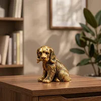 Statue de chien en laiton artisanale, petite figurine de chiot assis, finition or antique, sculpture d'animal détaillée, chien décoratif en métal