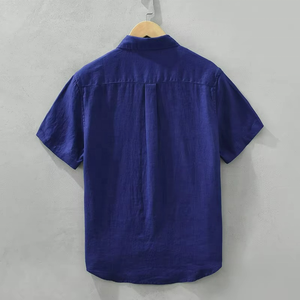 เสื้อเชิ้ตผ้าลินินขายส่ง คุณภาพสูง ทรงพอดีตัว ใส่ได้ในฤดูร้อน ปกคอปกเสื้อแบบพับได้ เสื้อเชิ้ตผู้ชายแขนสั้น - Product Image 1