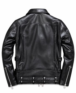 Blouson moto en cuir noir pour homme, coupe ajustée, fermeture éclair asymétrique, col rabattu, couleur unie, style automne - Product Image 2