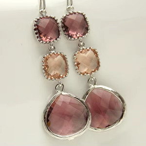 Plum <b>Earrings</b> Plum And Peach Drop Long <b>Dangle</b> Eggplant Glass <b>Silver</b> Bridesmaid <b>Earrings</b> Gift For Women - Product Image 1