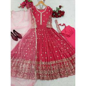 DISEÑADOR GEORGETTE BORDADO SECUENCIA TRABAJO VESTIDO FONDO CON DUPATTA ROJO - Product Image 1