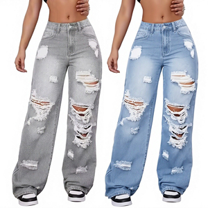 Jean baggy déchiré taille haute pour femme, coupe large, en denim, style streetwear décontracté, mode, OEM, personnalisé, vente en gros - Product Image 1