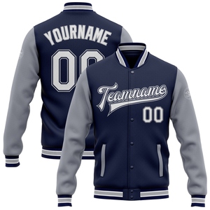 Veste bomber personnalisée en gros, bleu marine, blanc-gris, entièrement boutonnée, style universitaire, bicolore - Product Image 1