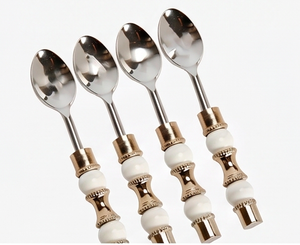 Cuillères à thé élégantes en acier inoxydable avec manches en céramique, finition plaquée or, compatibles lave-vaisselle, ensemble de couverts pour la table de mariage - Product Image 1