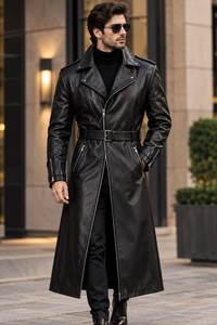 <b>Men</b> Genuine Leather <b>Long</b> Trench <b>Coat</b> Notched Lapel Zipper Closure With Belt And Pockets Regular Fit - Product Image 3