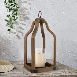 Farol de vela moderno de madera con marco abierto, estilo rústico decorativo, con portavelas de cristal tipo huracán - Product Image 1