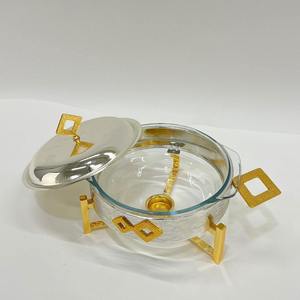 Luxury Arabic Oval Glass Chafing Dish Stainless Steel Silver Gold Stand Handle Top Knob Ramadan <b>Buffet</b> <b>Server</b> Single Unit - Product Image 5